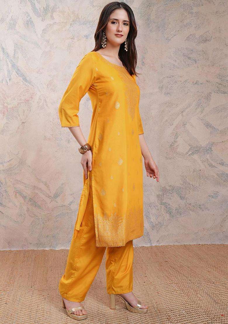 Yellow Printed Polyester Kurta Set - Indya