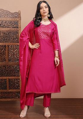 Fuchsia Embroidered Polyester Kurta Set