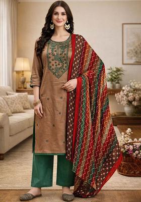 Brown Embroidered Cotton Kurta Set