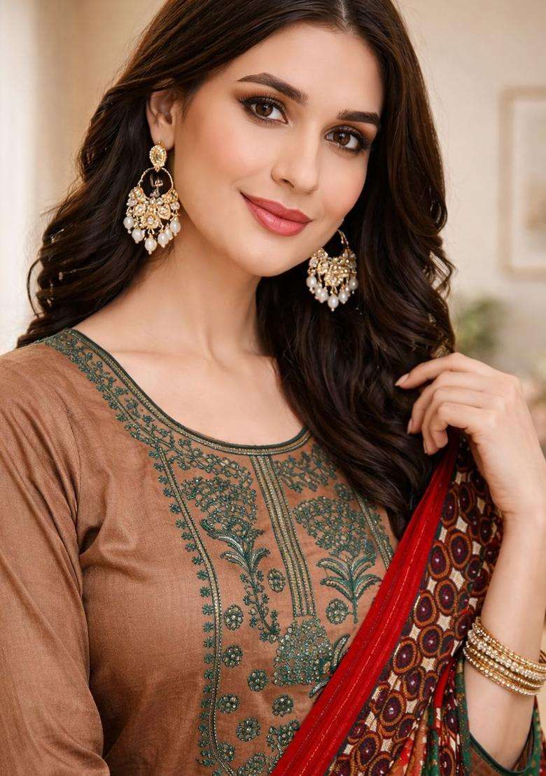 Brown Embroidered Cotton Kurta Set - Indya
