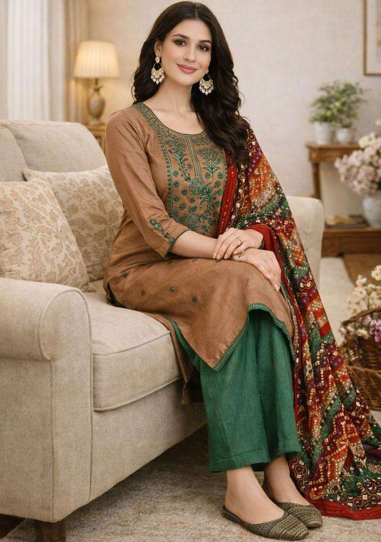 Brown Embroidered Cotton Kurta Set - Indya