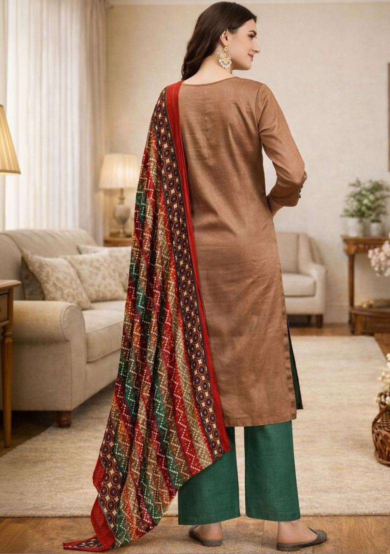 Brown Embroidered Cotton Kurta Set - Indya