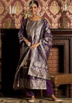 Purple Woven Design Silk Blend Kurta Set