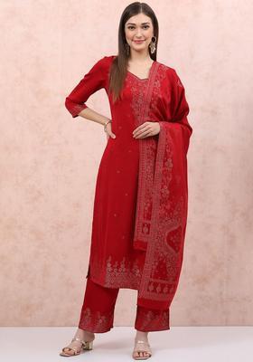 Red Woven Design Viscose Kurta Set