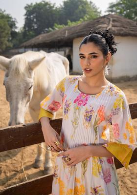 Cream Printed Cotton Kurta Set