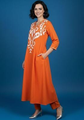 Orange Embroidered Cotton Kurta Set