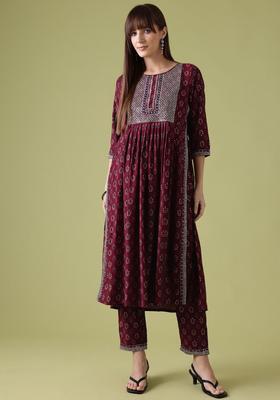 Maroon Printed Viscose Kurta Set