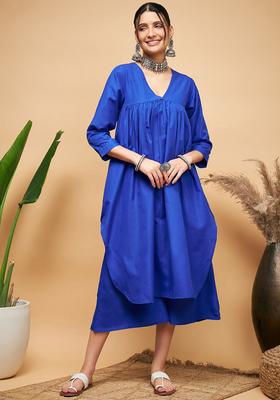 Blue Solid Cotton Kurta Set