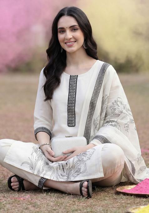 White Printed Linen Kurta Set — view on Indya