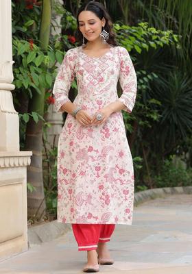 Cream Printed Cotton Kurta Set