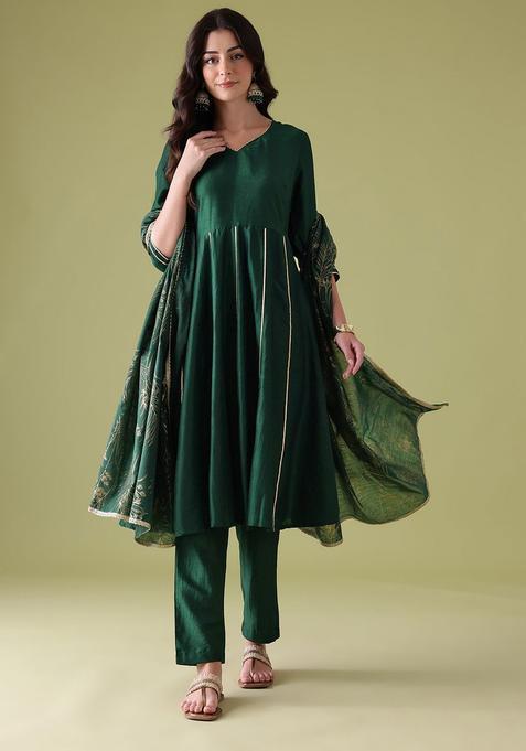 Green Striped Polyester Anarkali Set — view on Indya