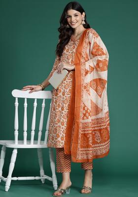 Rust Printed Cotton Kurta Set