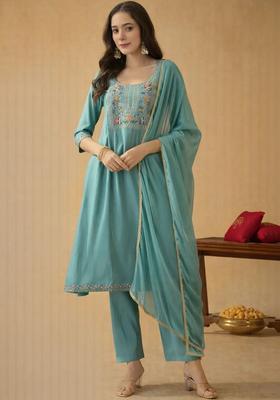 Turquoise Blue Embroidered Silk Blend Kurta Set