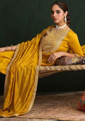 Yellow Embroidered Chinon Kurta Set