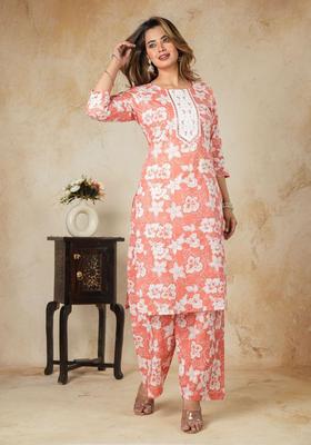 Peach Printed Cotton Kurta Set