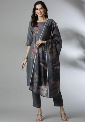 Grey Embroidered Polyester Kurta Set