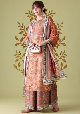 Rust Printed Polyester Kurta Set
