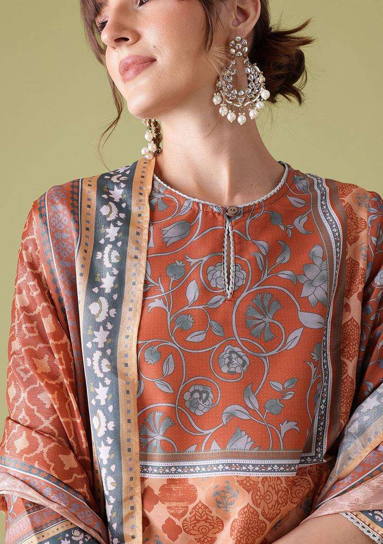 Rust Printed Polyester Kurta Set - Indya