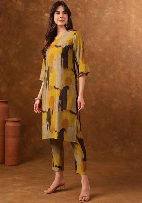 Mustard Printed Viscose Kurta Set