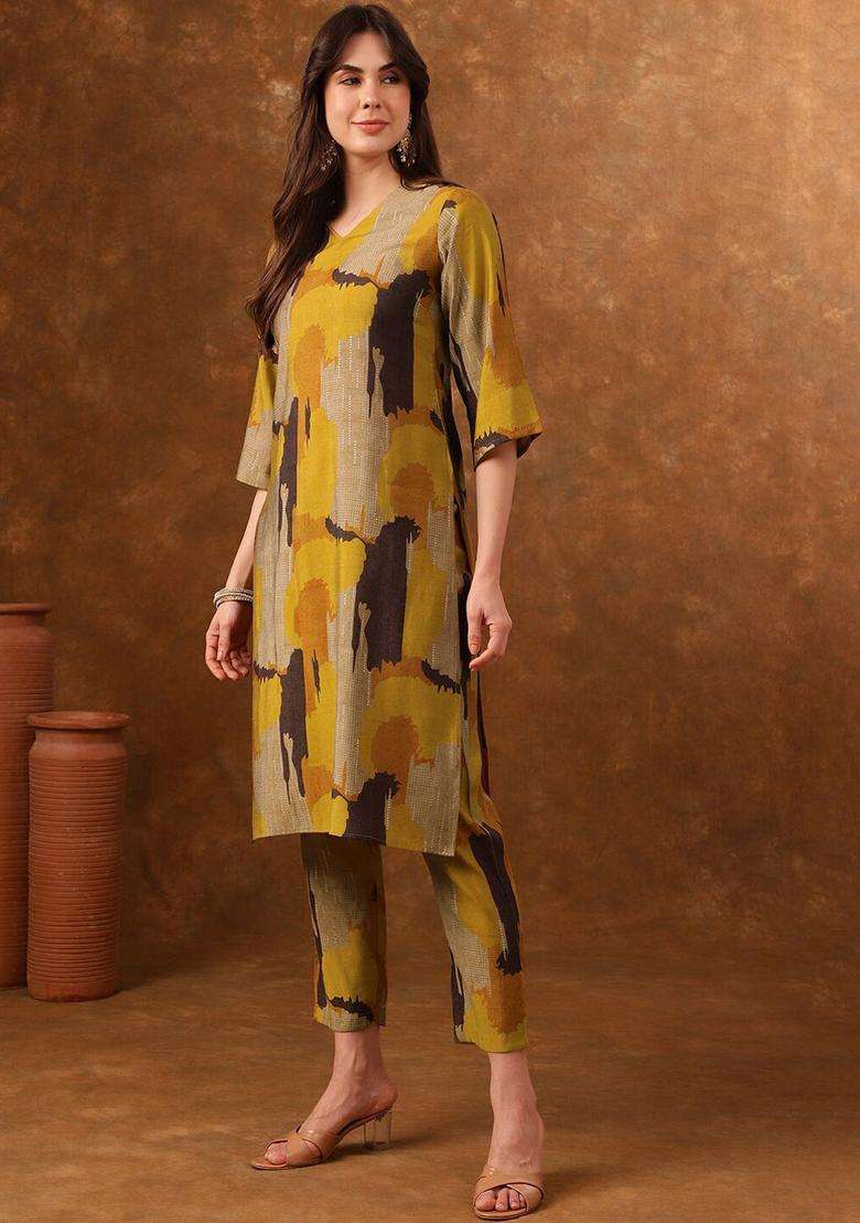 Mustard Printed Viscose Kurta Set - Indya
