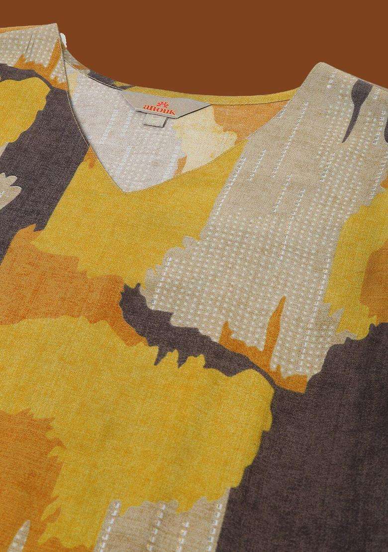 Mustard Printed Viscose Kurta Set - Indya