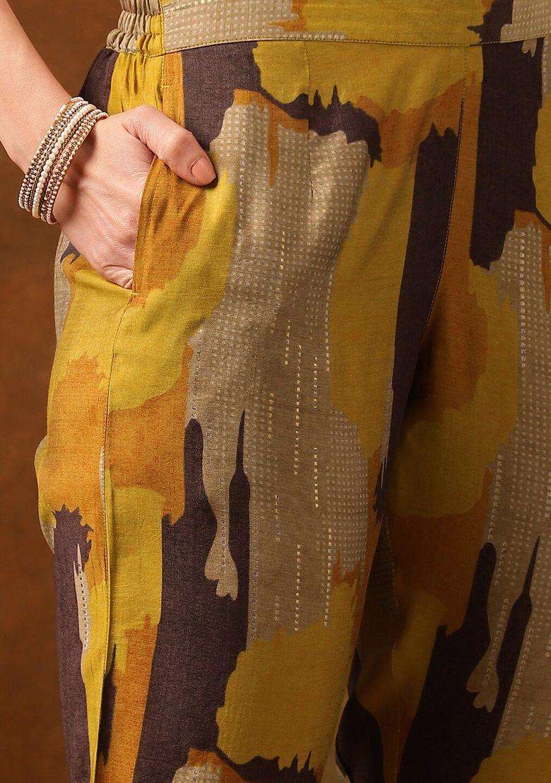 Mustard Printed Viscose Kurta Set - Indya