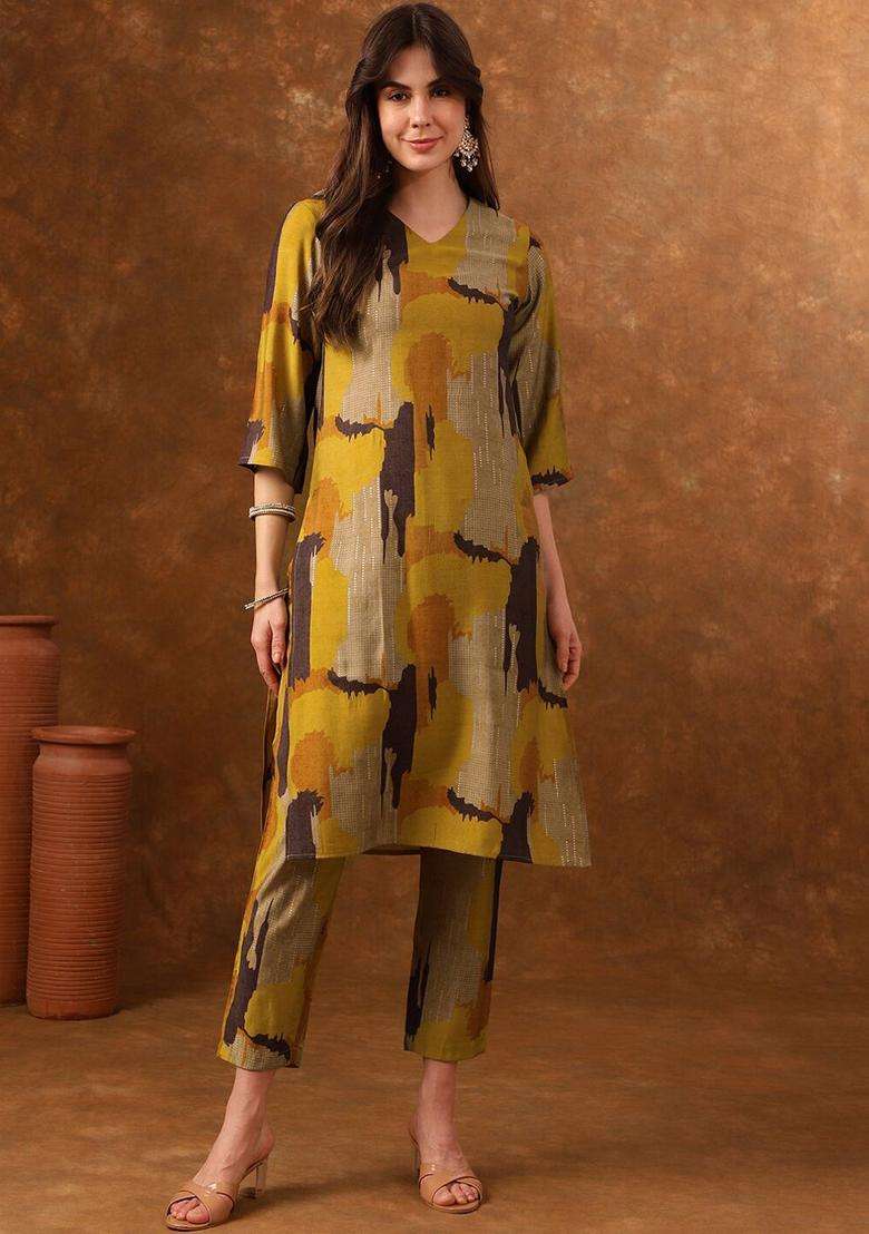 Mustard Printed Viscose Kurta Set - Indya