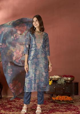 Blue Printed Tissue Kurta Set