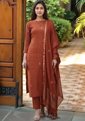 Rust Embroidered Viscose Kurta Set