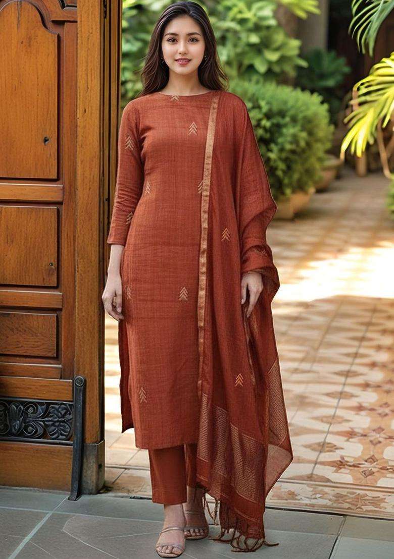 Rust Embroidered Viscose Kurta Set - Indya