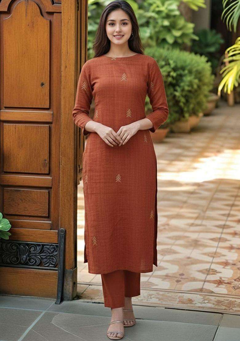 Rust Embroidered Viscose Kurta Set - Indya