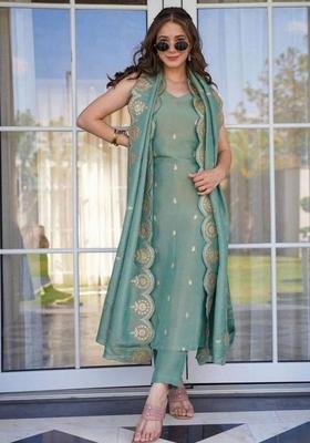 Sea Green Embroidered Silk Blend Kurta Set