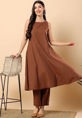 Brown Solid Cotton Kurta Set