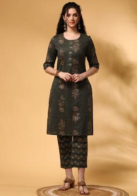 Olive Printed Cotton Kurta Set