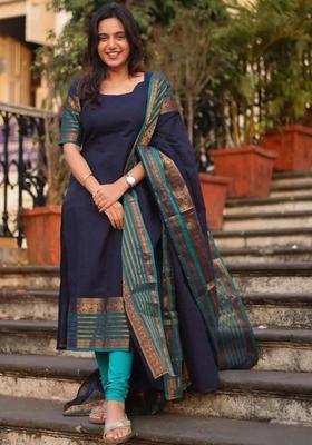 Navy Blue Solid Silk Kurta Set