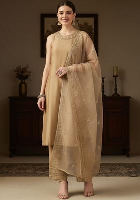 Beige Self Design Silk Kurta Set