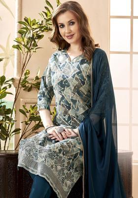 Navy Blue Printed Silk Blend Kurta Set