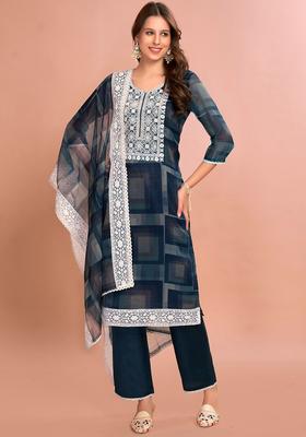 Navy Blue Printed Organza Kurta Set