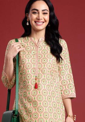 Cream Printed Cotton Kurta Set
