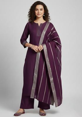 Purple Self Design Cotton Kurta Set