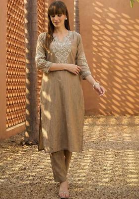 Brown Embroidered Silk Blend Kurta Set