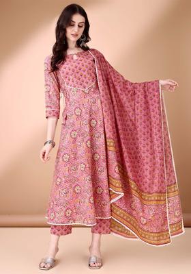 Pink Printed Cotton Anarkali Set