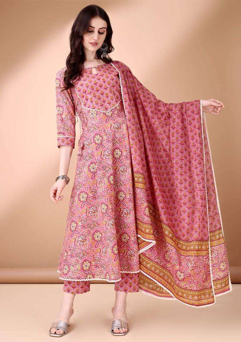 Pink Printed Cotton Anarkali Set - Indya