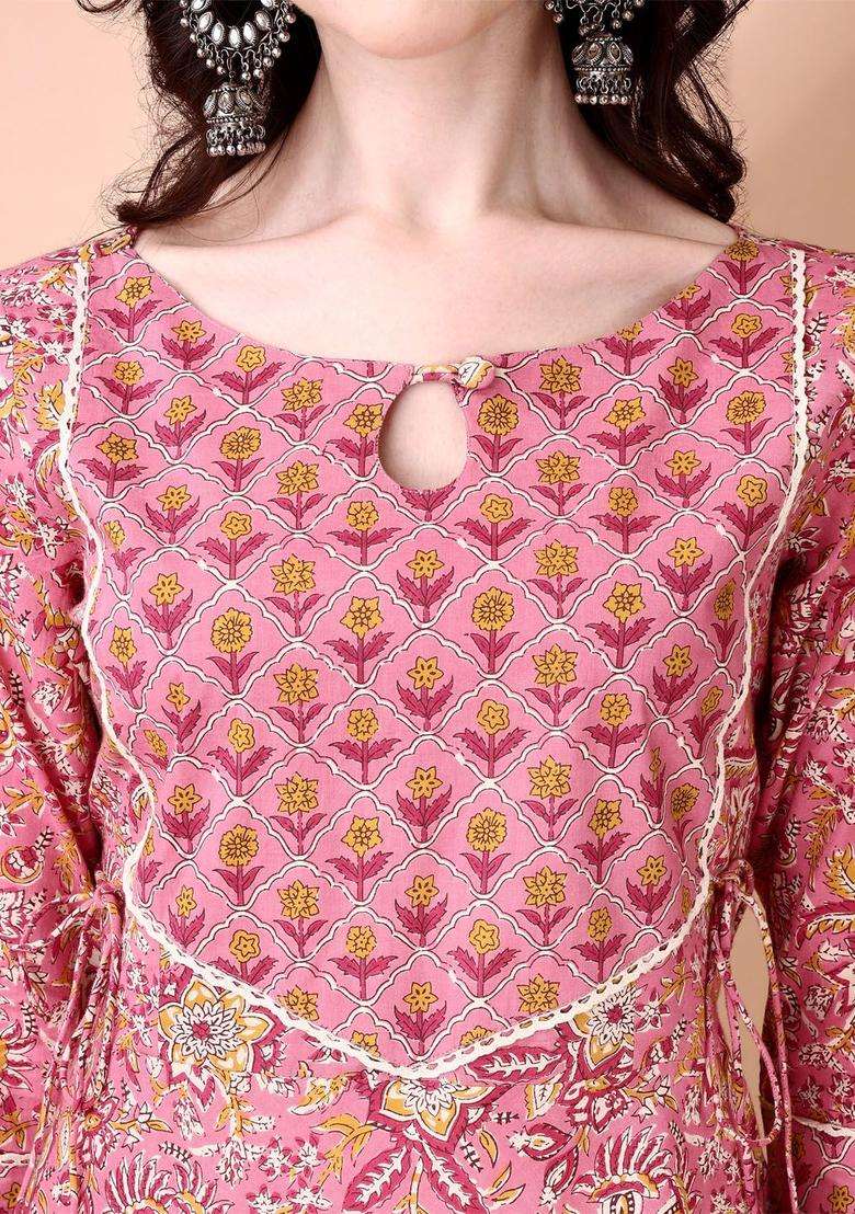 Pink Printed Cotton Anarkali Set - Indya