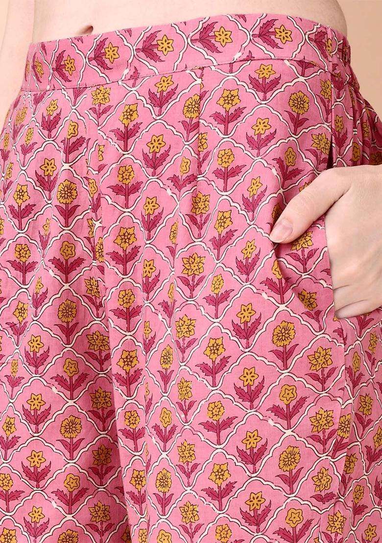 Pink Printed Cotton Anarkali Set - Indya