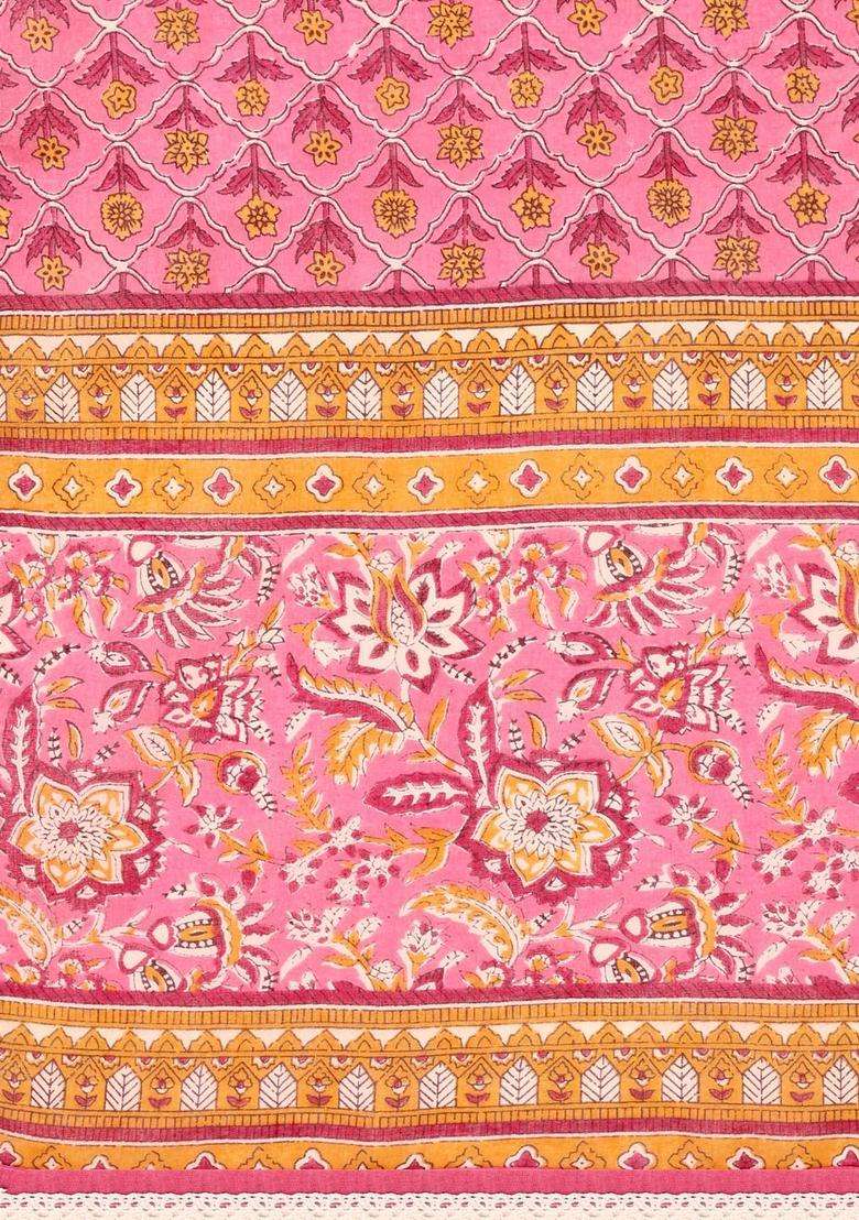 Pink Printed Cotton Anarkali Set - Indya