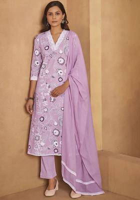 Lavender Printed Cotton Kurta Set