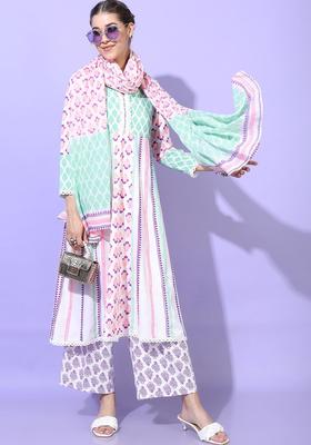 White Printed Viscose Kurta Set