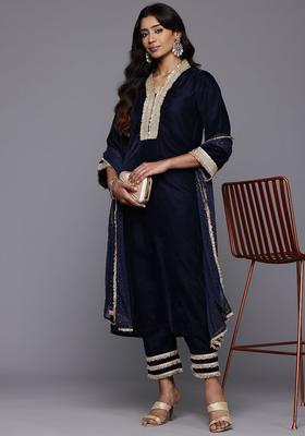 Navy Blue Embroidered Velvet Kurta Set