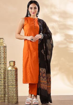 Orange Solid Cotton Kurta Set